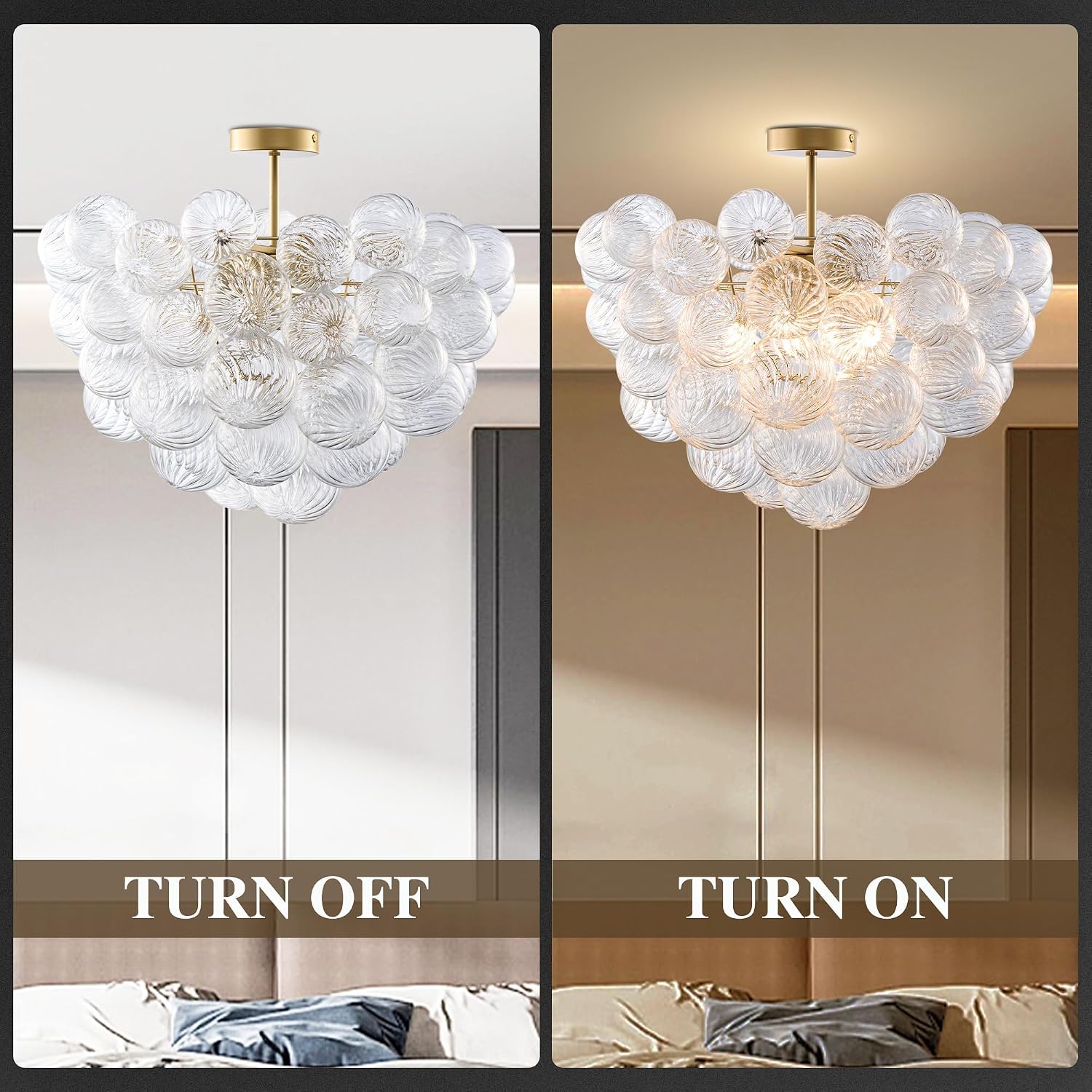 Semi Flush Mount Bubble Ball Chandelier Lighting 20 Inch Gold Clear Ribbed Blown Glass Chandeliers Ceiling Light Fixtures for Bedroom, Living Room, Entry, Bathroom