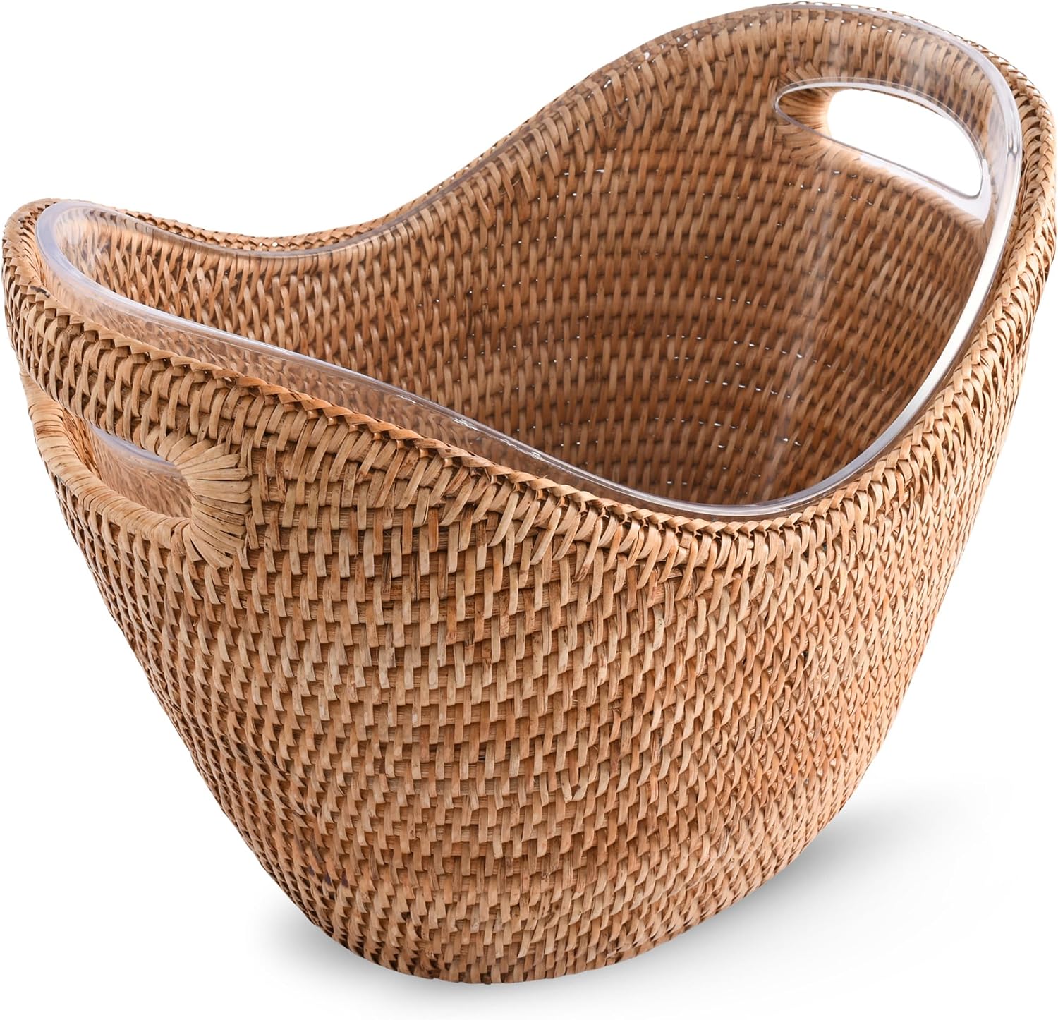 Vagabond House Beach Essentials - Cooler, Handwoven Rattan Wicker Champagne Bucket with Pewter Anchor Accent, Boho Bucket, Beach Home, Coastal Decor, Lightweight Holds Multi Wine Bottles Beer Soda