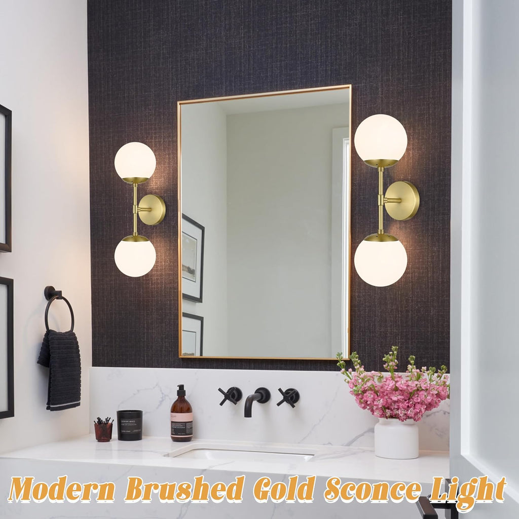KoKo&Yukina 2 Pack Gold Vanity Light Fixtures Mid Century Modern Bathroom Vanity Light with Milky White Glass Globe Sconce Lights Fixture Vanity Lights for Bathroom (Bulb Include)