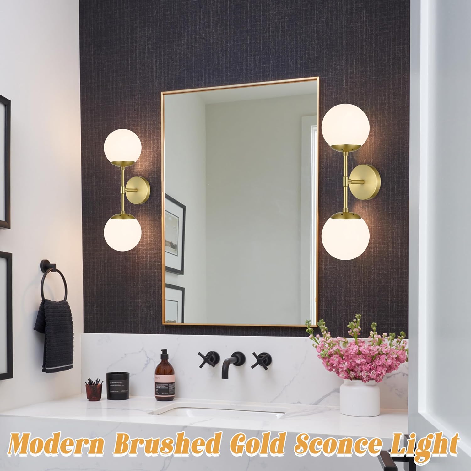 KoKo&Yukina 2 Pack Gold Vanity Light Fixtures Mid Century Modern Bathroom Vanity Light with Milky White Glass Globe Sconce Lights Fixture Vanity Lights for Bathroom (Bulb Include)