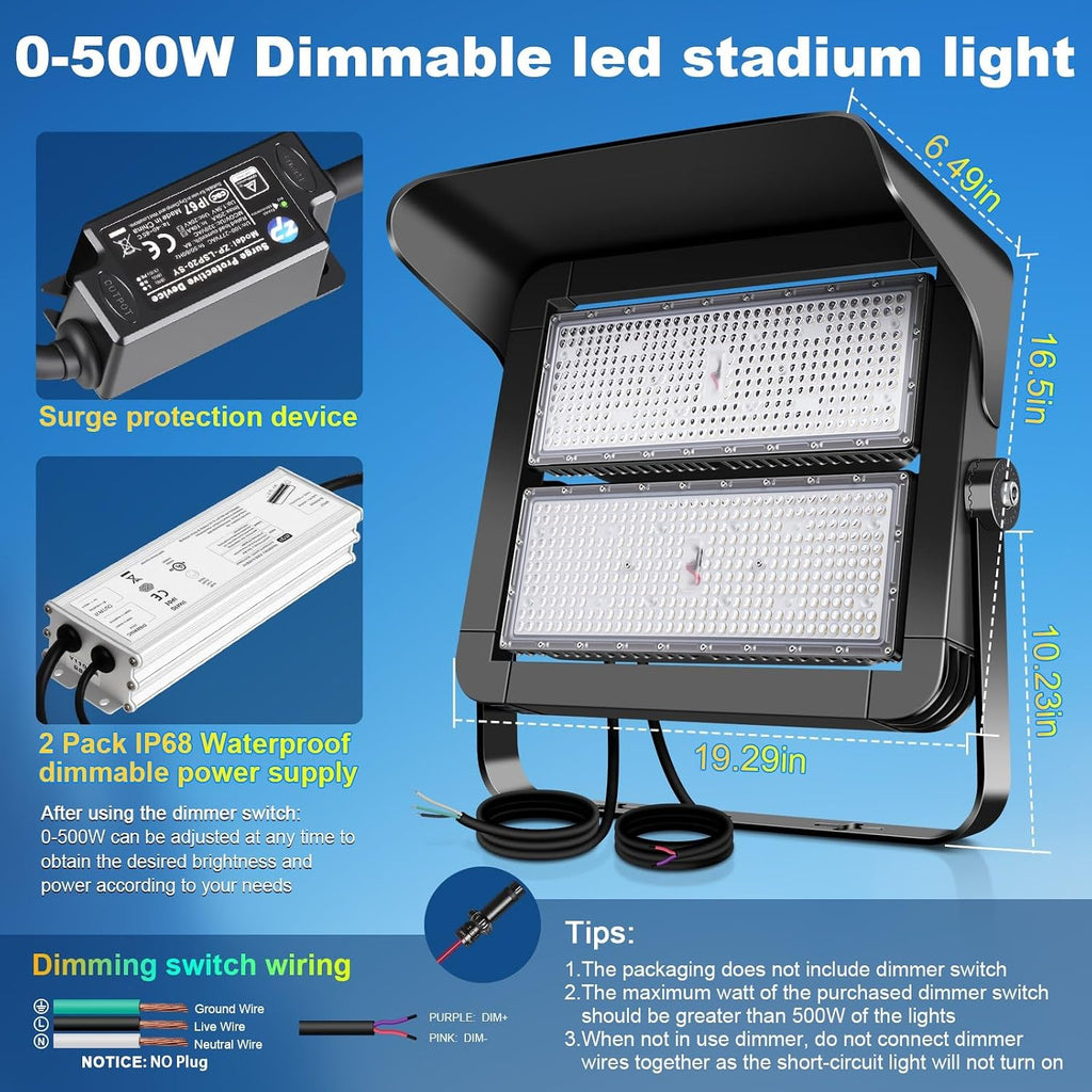 75000LM Dimmable Led Stadium Flood Light 3000W Equivalent Super Bright 0-500w Led Arena Lights 100-277v 5000k Yoke Mount Ip66 Waterproof Outdoor Wall Light Commercial for,Yard,Barn,Court