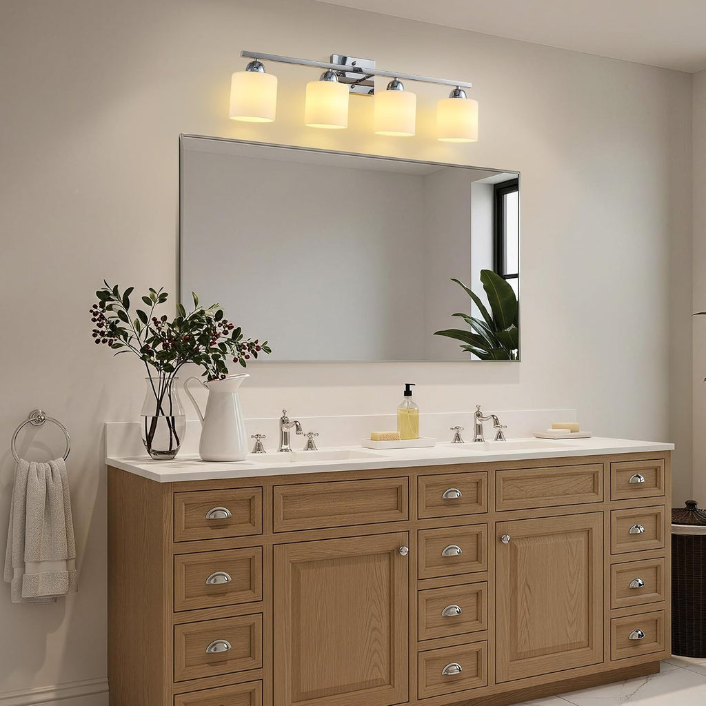 Mecgirn Stainless Steel Milk Glass Vanity Lights for Bathroom, 4 Light Chrome Bathroom Light Fixtures Over Mirror, Ceramic E26 Sockets Wall Mounted