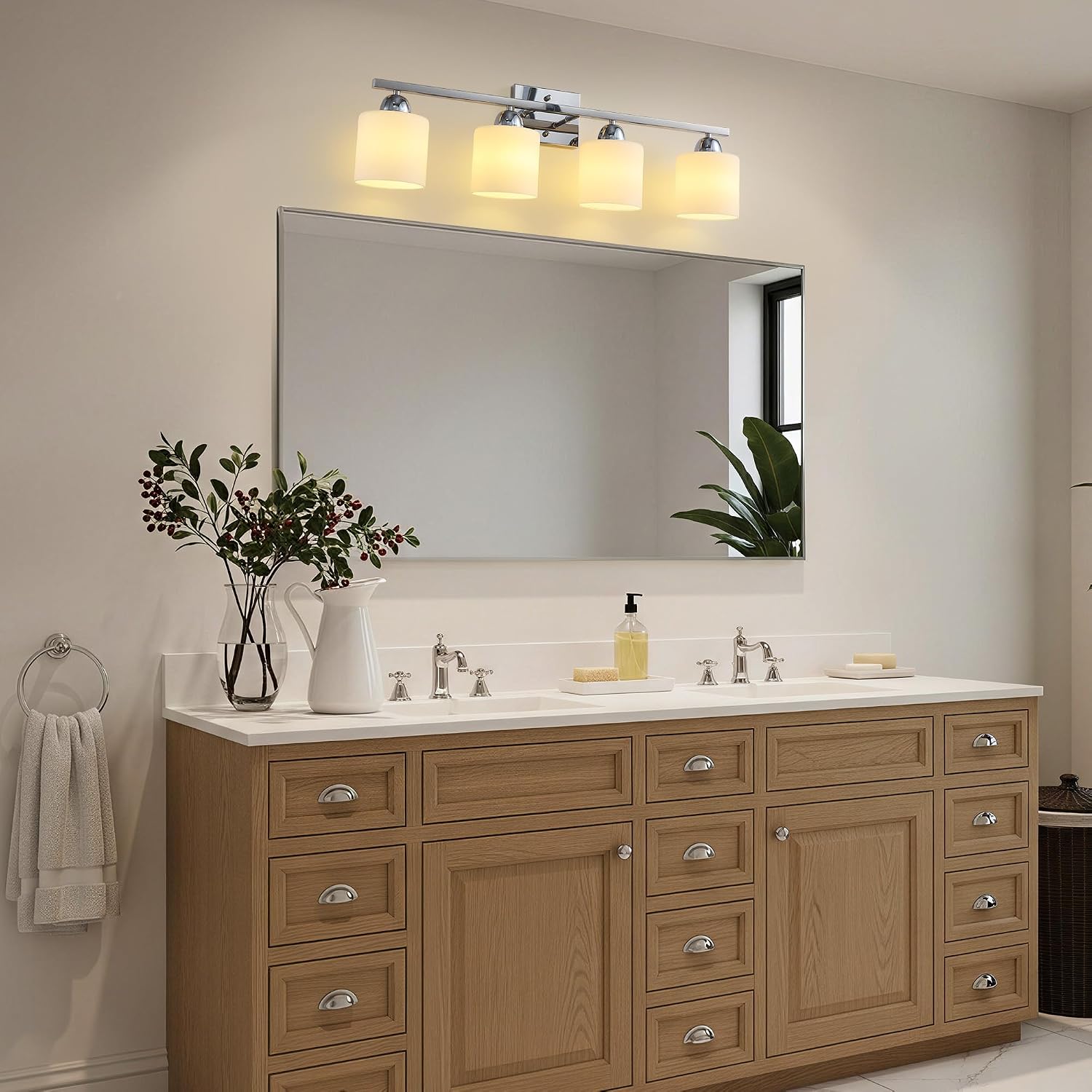 Mecgirn Stainless Steel Milk Glass Vanity Lights for Bathroom, 4 Light Chrome Bathroom Light Fixtures Over Mirror, Ceramic E26 Sockets Wall Mounted