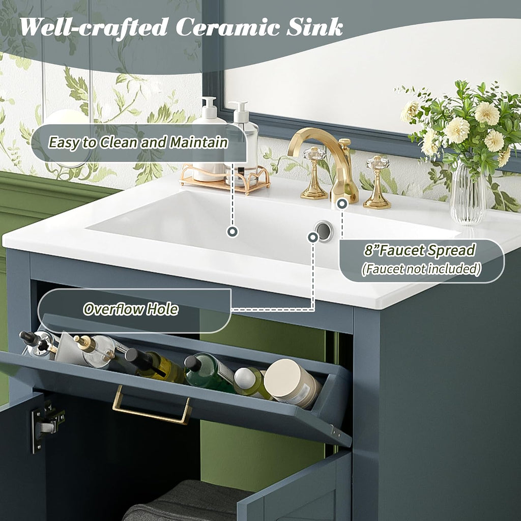 24 Inch Dark Blue Bathroom Vanity with Sink & Integrated Countertop,Freestanding Single Bathroom Vanity with Gold Handles,Tip-Out Tray & Bottom Drawer,Soft Closing Doors,Herringbone Front