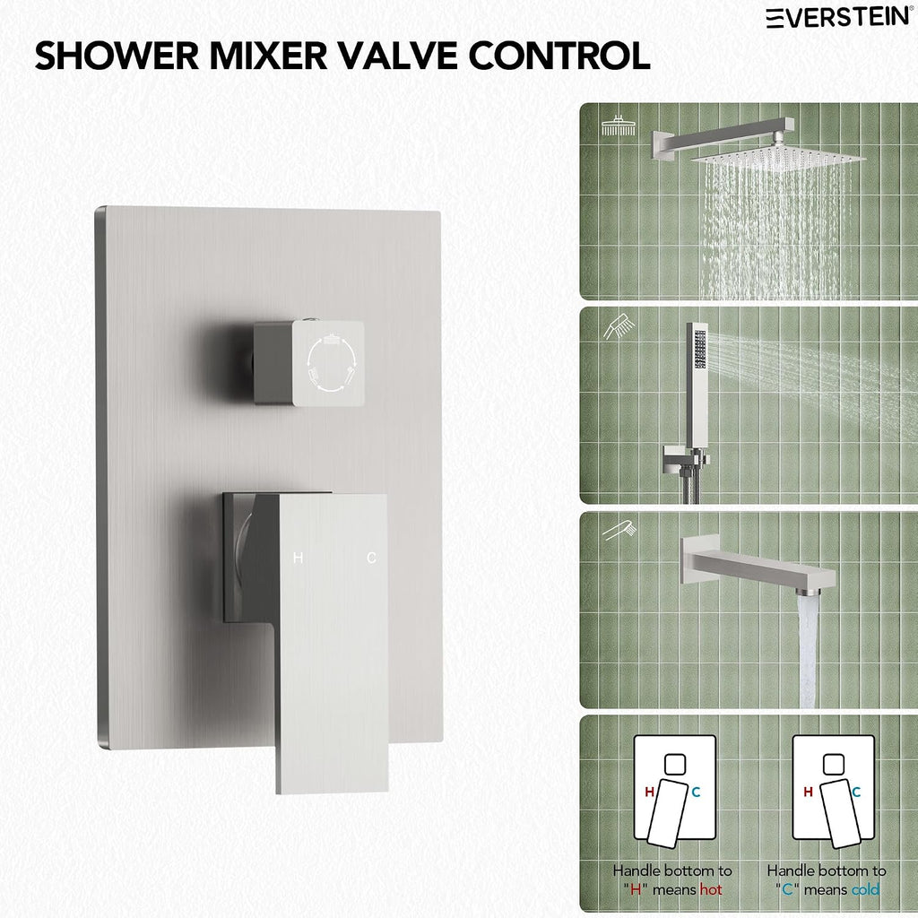 Shower Tub Faucet Set, 10' Bathroom Rainfall Shower Head Fixtures Combo with Handheld Spray and Tub Spout, Brushed Nickel (Valve Included)