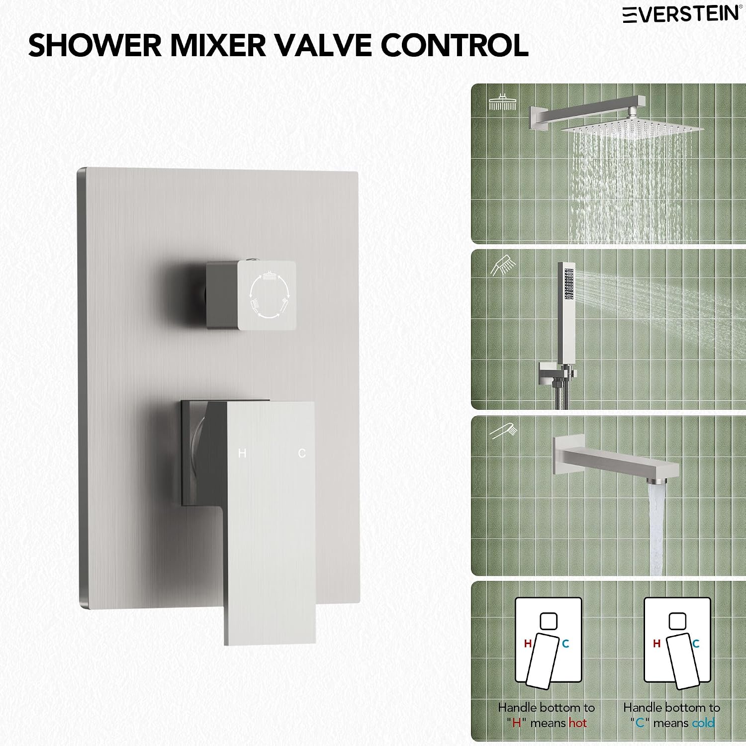 Shower Tub Faucet Set, 10' Bathroom Rainfall Shower Head Fixtures Combo with Handheld Spray and Tub Spout, Brushed Nickel (Valve Included)
