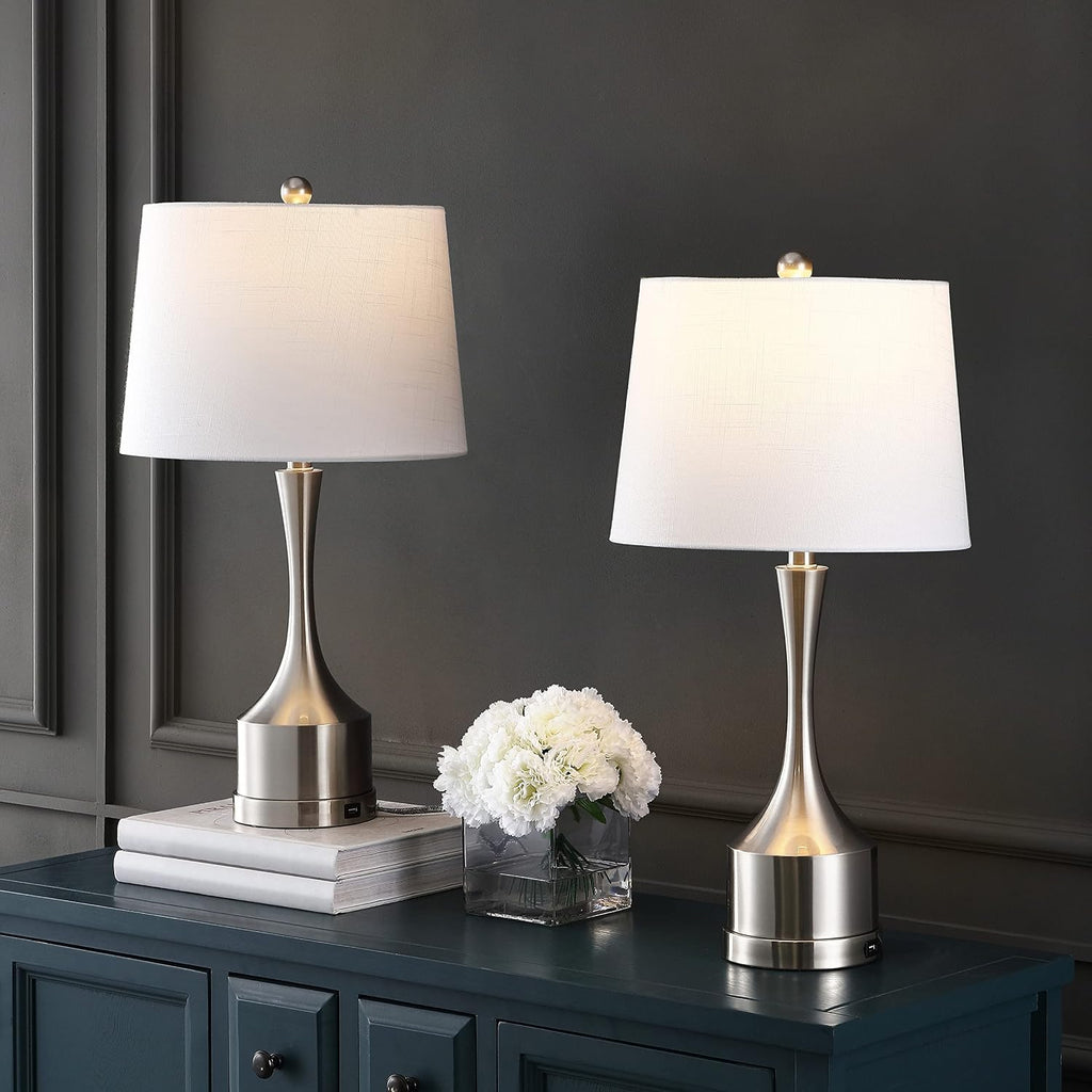JONATHAN Y 26' Nickel Table Lamp Set of 2 with USB Charging Port, French Country Bedside Lamps for Living Room Bedroom Decor, White Linen Shade, LED Bulbs Included (JYL4045B-SET2)