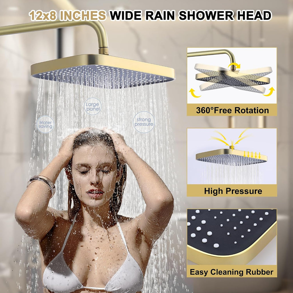 Shower Systems with 12 x8 Inches Rain Shower Head,Brushed Gold Exposed Pipe Shower System,3 Functions Tub Shower Faucet Sets,Overhead Shower System with Handheld