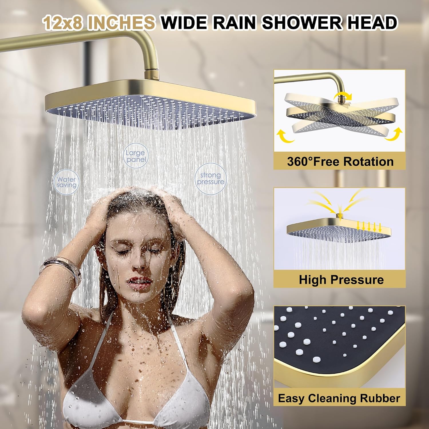 Shower Systems with 12 x8 Inches Rain Shower Head,Brushed Gold Exposed Pipe Shower System,3 Functions Tub Shower Faucet Sets,Overhead Shower System with Handheld