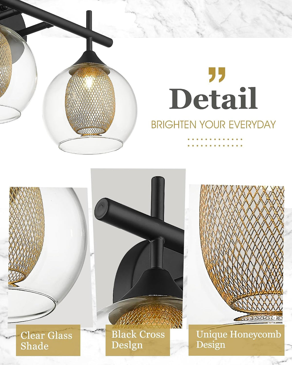 Bathroom Light Fixtures, 4-Light Black and Gold Vanity Lights Over Mirror, 30inch Farmhouse Wall Sconce Lighting with Clear Glass and Honeycomb Metal Shade, AD-22001-4W-BK