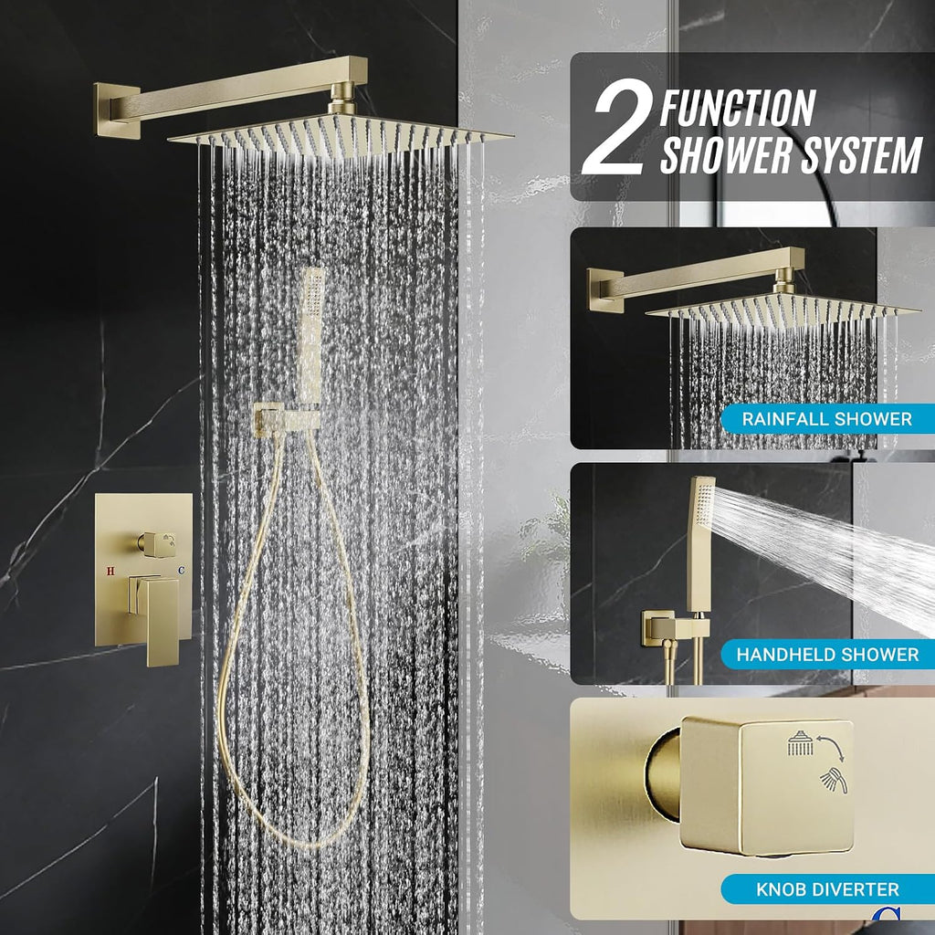 10' Square Rain Shower Faucet Set, Wall Mount, Brush Gold | 304 SS , air tech boosts pressure 50%, dual spray, anti-fingerprint