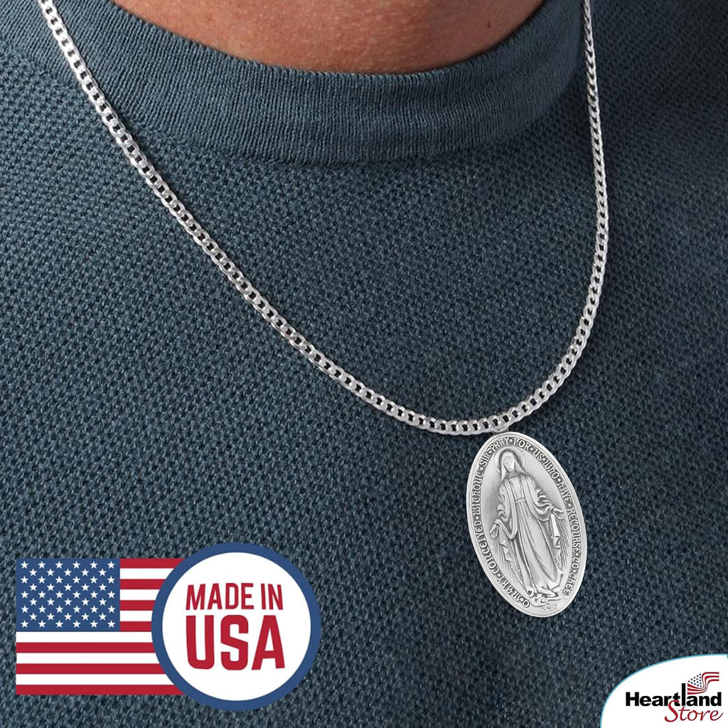 Heartland Store Oval Sterling Silver Miraculous Medal Necklace for Men–Tarnish Resistant, Hand-Finished in USA, Thoughtful Religious Present for Holidays & Special Occasions with Various Chain Sizes