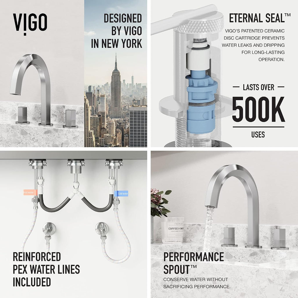 VIGO Hart Two-Handle Three-Hole Mount Widespread Bathroom Sink Faucet, 9-Inch, Brushed Nickel, Modern Design, Solid Brass, 1.2 GPM WaterSense & Ceramic Disc Valve, Corrosion-Resistant
