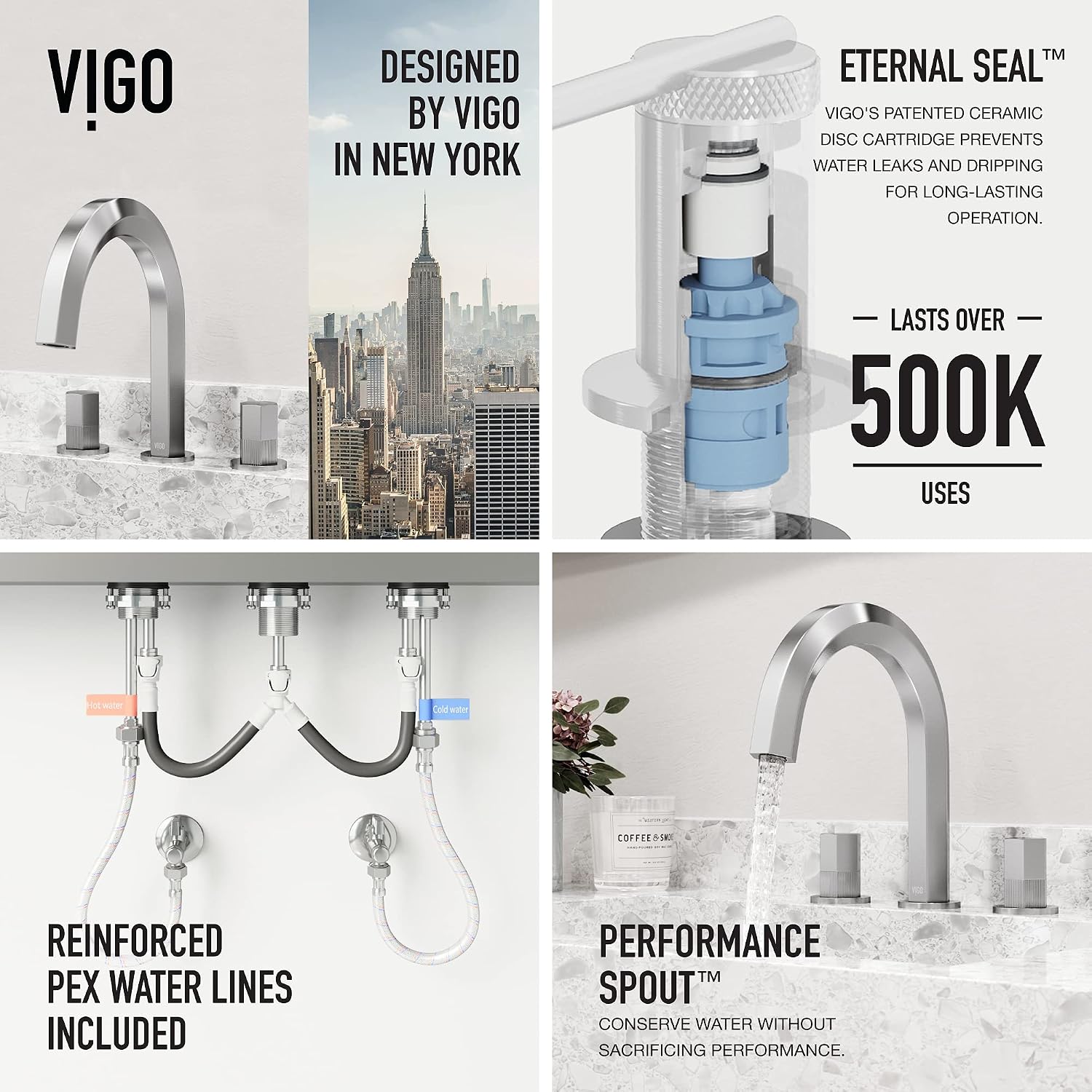 VIGO Hart Two-Handle Three-Hole Mount Widespread Bathroom Sink Faucet, 9-Inch, Brushed Nickel, Modern Design, Solid Brass, 1.2 GPM WaterSense & Ceramic Disc Valve, Corrosion-Resistant
