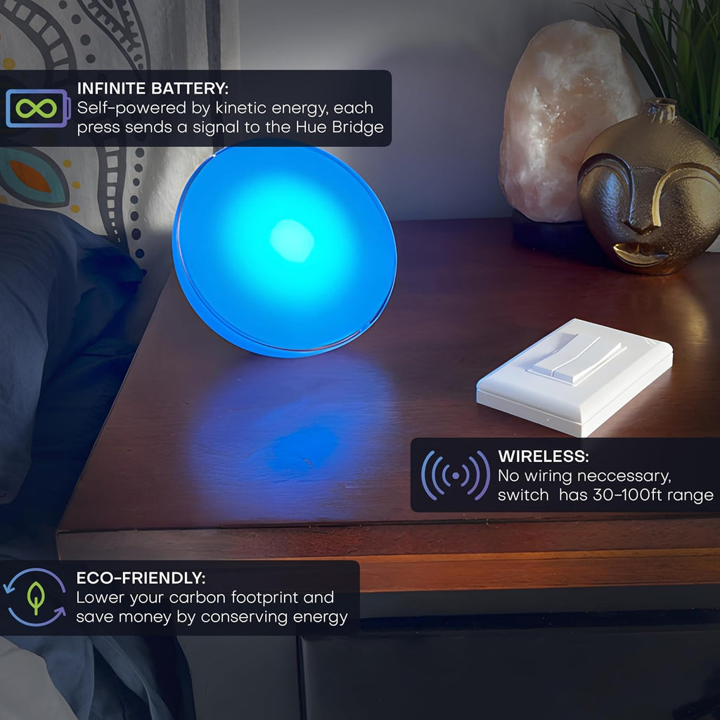 RunLessWire Click for Philips Hue – Battery-Free Wireless Smart Light Switch, 30ft Range – Works Natively with Philips Hue Bridge – Wall Mount Kinetic Switch - Decora Style, White 3 Pack