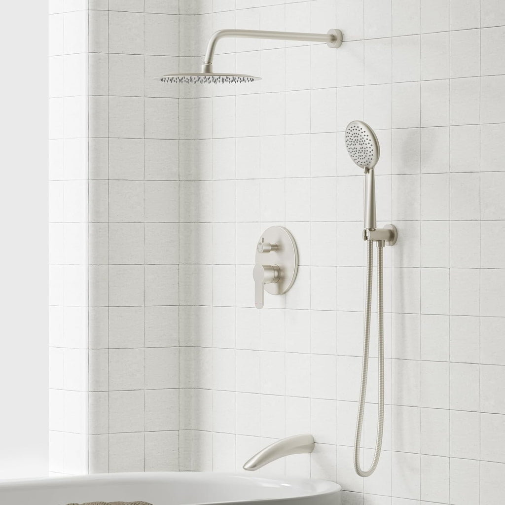 Gabrylly Bathtub Shower System, Shower Faucet Set with Tub Spout, High Pressure 10' Rain Shower head with Handheld Spray, Shower Fixtures with Pressure Balance Shower Valve, Brushed Nickel