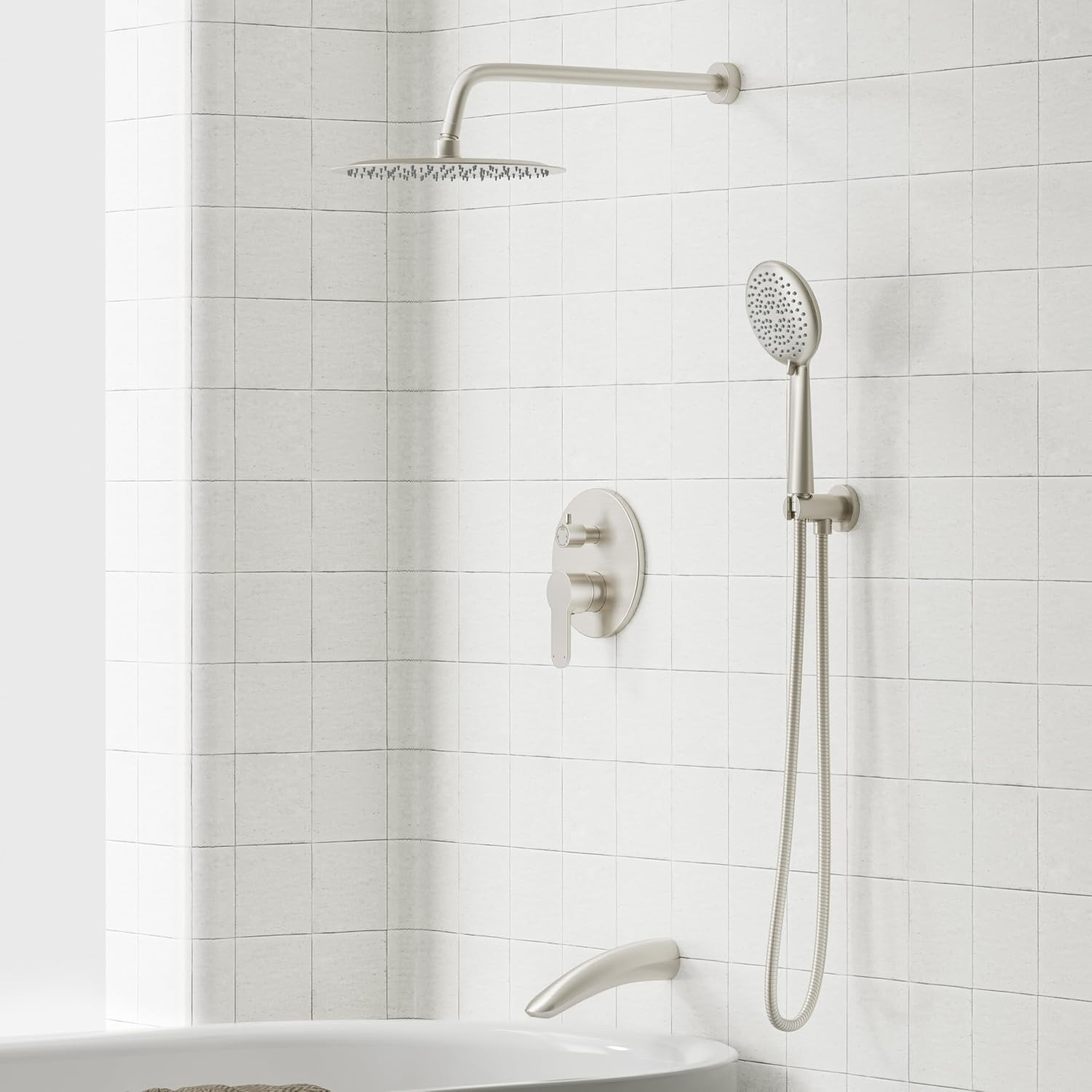 Gabrylly Bathtub Shower System, Shower Faucet Set with Tub Spout, High Pressure 10' Rain Shower head with Handheld Spray, Shower Fixtures with Pressure Balance Shower Valve, Brushed Nickel