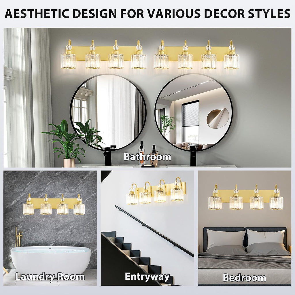Bathroom Vanity Light Fixtures Over Mirror - Makeup Lighting Pure Gold - for Modern Wall, Bath, Desk, Farmhouse, Hallway - 4 Crystal Lights