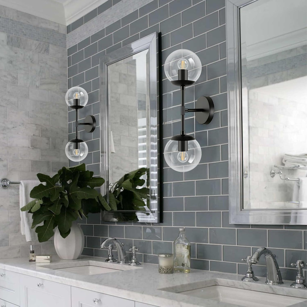 KoKo&Yukina 2 Pack Mid Century Modern Bathroom Vanity Light Matte Black Vanity Lighting Fixtures Modern Wall Sconce 2-Lights Globe Vanity Light with Clear Glass Shade for Bathroom(Bulb Incl.)