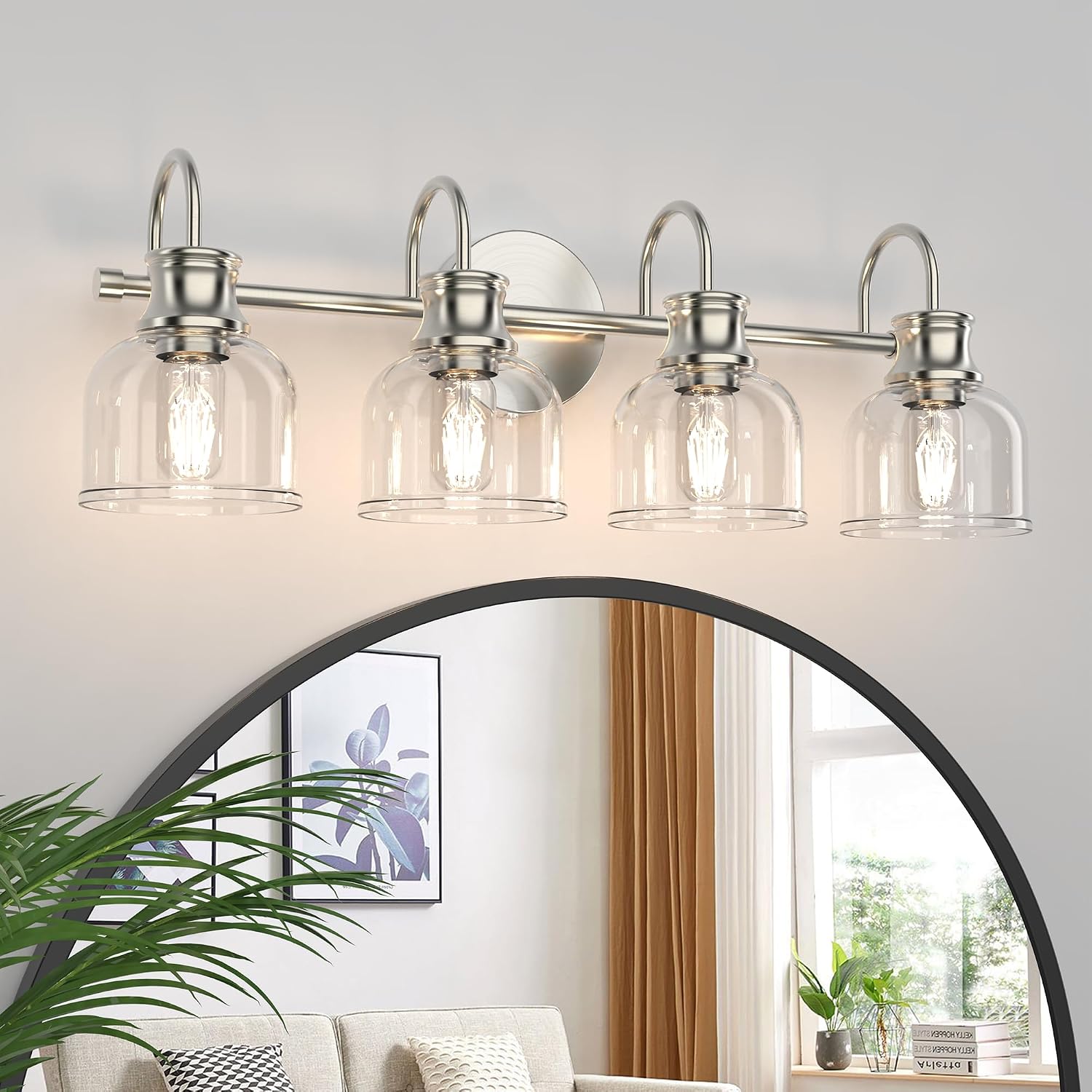 4 Lights Bathroom Vanity Light Fixtures, Brushed Nickel Traditional Classic Vanity Light with Clear Glass, Bathroom Lighting Fixtures Over Mirror