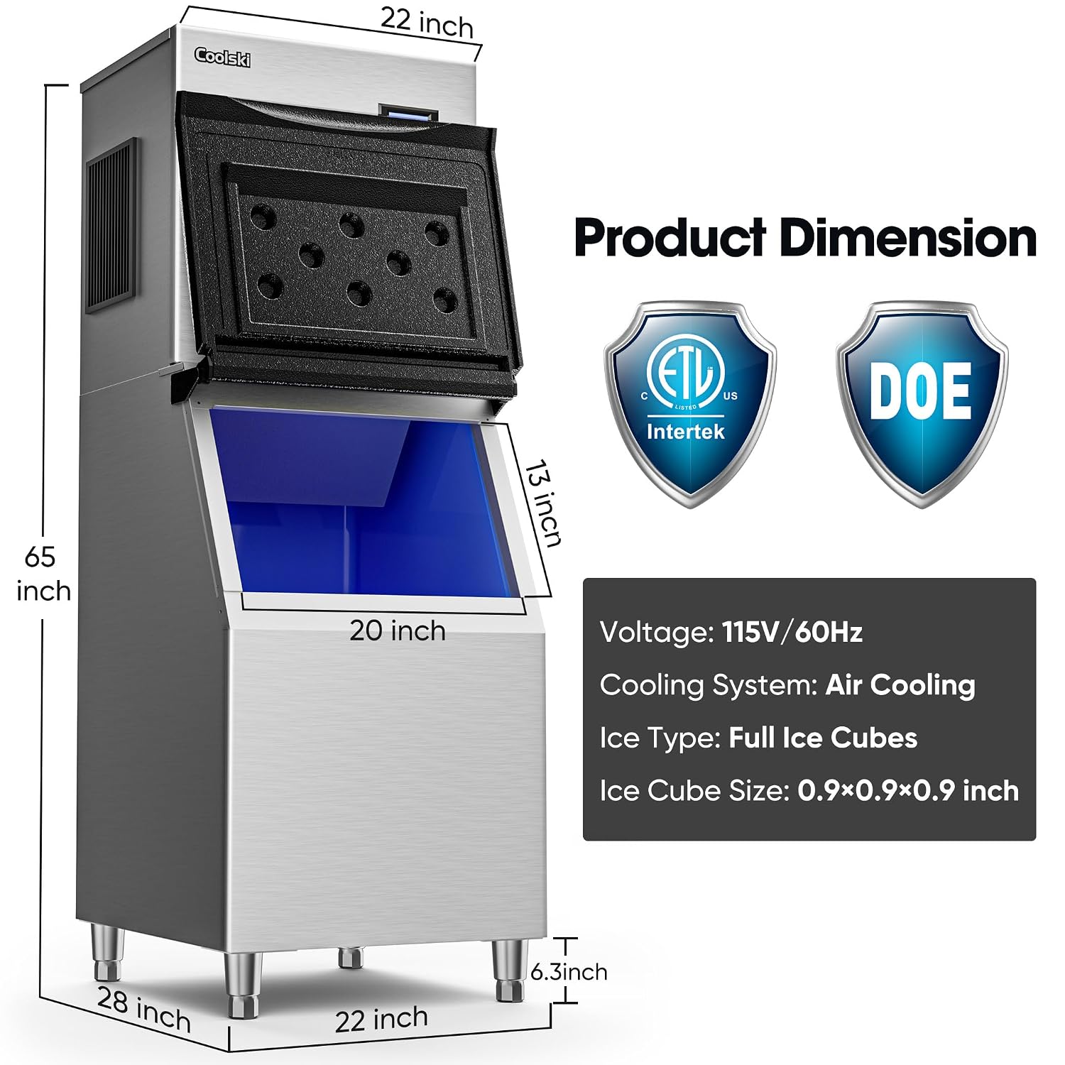 Coolski Commercial Ice Machine 420LBS/24H, 22'W Industrial Ice Maker with Large Storage Bin, Fast Ice Making, Upgraded Water Filters, DOE & ETL Certified, Ideal for Restaurants/Bars/Hotels