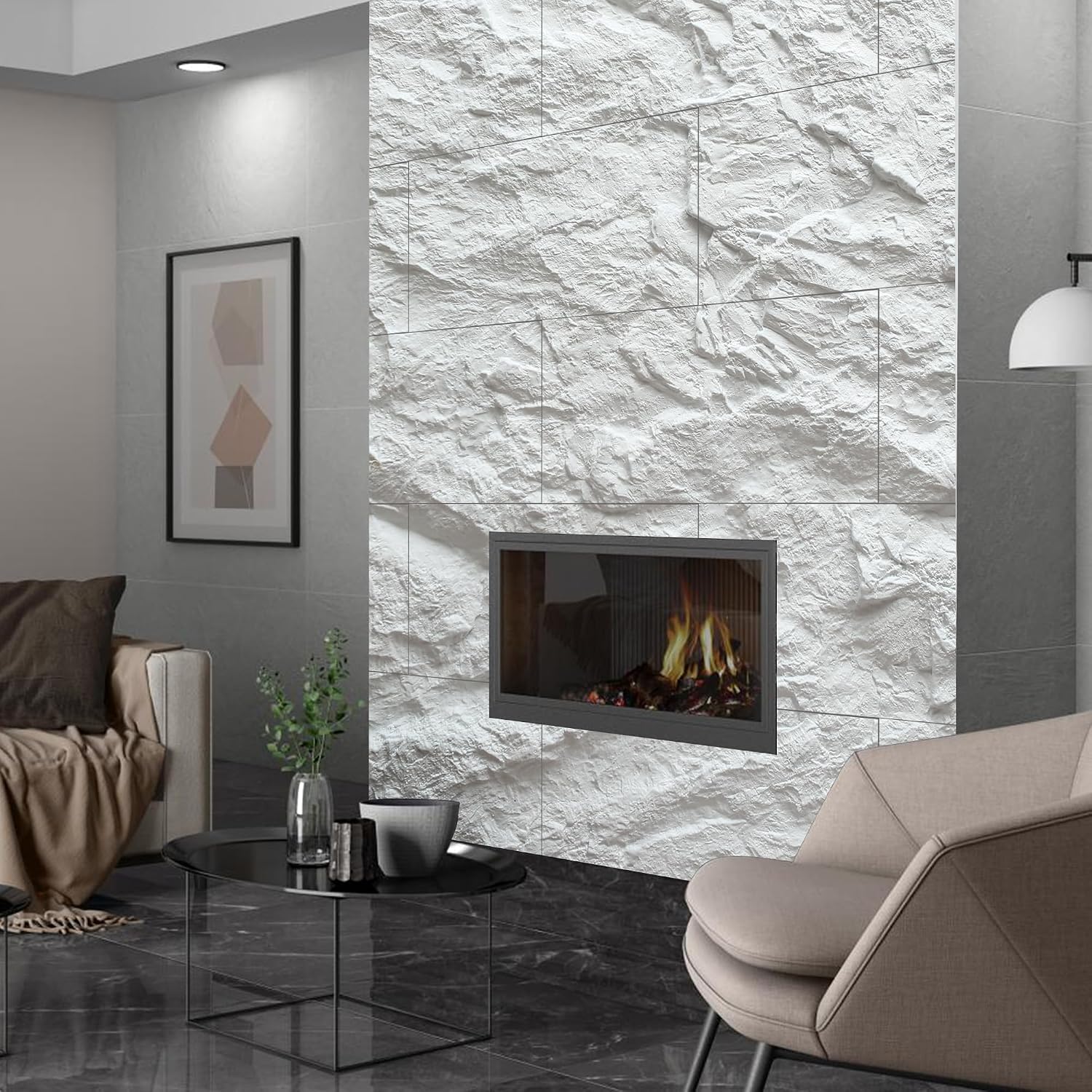 KASARO 3D Faux Stone Wall Panels, 4 PCS PU Wainscoting Panel - Cement Texture Thicker Design for Interior Wall Decor, Home & Office Accent Wall, Easy Install, 43.3' x 23.6' (White)