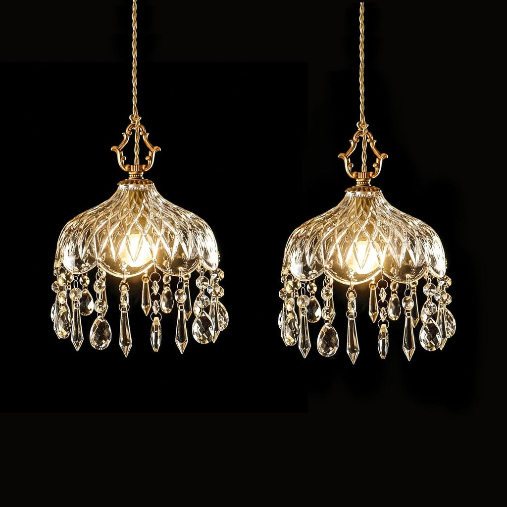 Vintage Crystal Small Pendant Lights Kitchen Island, Adjustable Cord Length 0.5' to 70', Dia7.87 Glass Shade Light Fixture,Brass Hanging Light, Chandelier for Bedroom (2-Pack，Hard-Wired