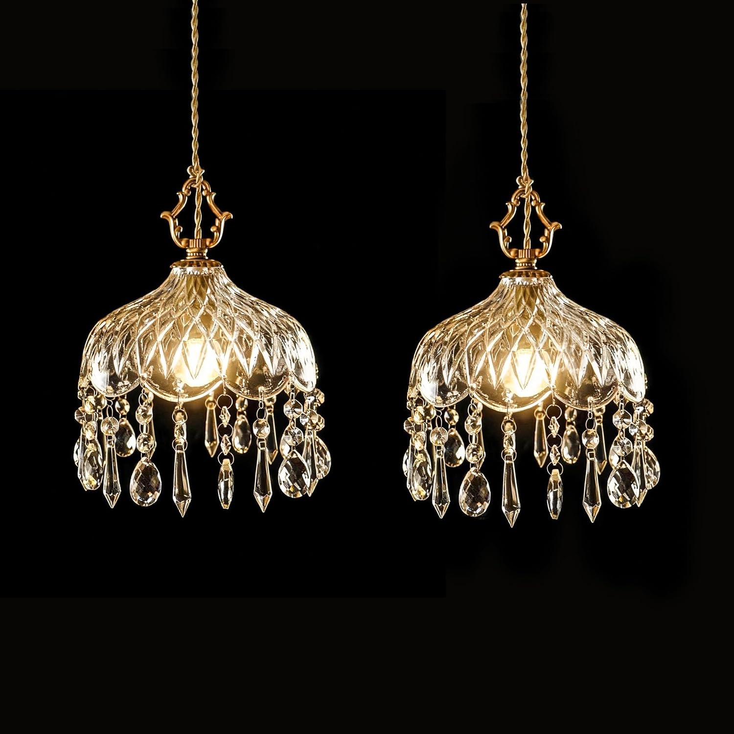 Vintage Crystal Small Pendant Lights Kitchen Island, Adjustable Cord Length 0.5' to 70', Dia7.87 Glass Shade Light Fixture,Brass Hanging Light, Chandelier for Bedroom (2-Pack，Hard-Wired