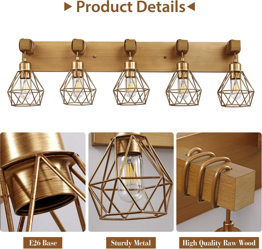 VbiTmn Farmhouse Bathroom Light Fixtures, 5-Light Gold Bathroom Vanity Light, Rustic Matte Antique Brass Finish with Metal Lampshade, Wall Sconces for Bedroom, Living Room, Hallway