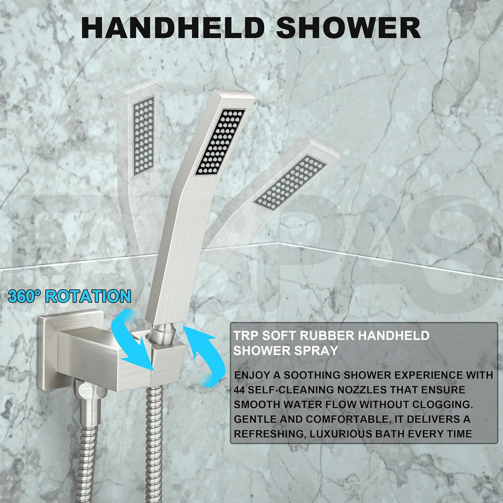 Brushed Nickel Shower System with 12-Inch Rain Showerhead and Tub Spout | cUPC-certified pressure balance brass valve to prevent scalding, CEC-certified air injection technology for low pressure