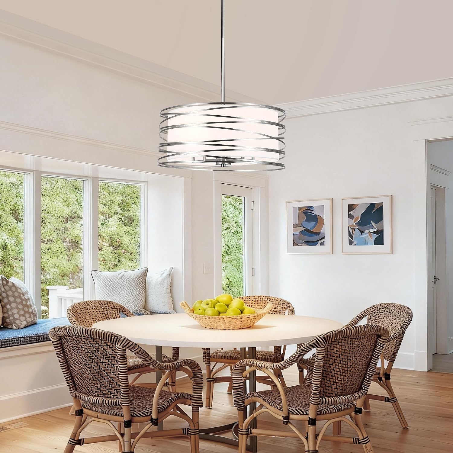 ACNKTZ 19.7'' Brushed Nickel Drum Chandeliers for Dining Room, 5-Lights Kitchen Chandeliers Over Table, Entryway Light Fixture Hanging, Industrial Round Chandelier for Living Room Stairwell Bedroom
