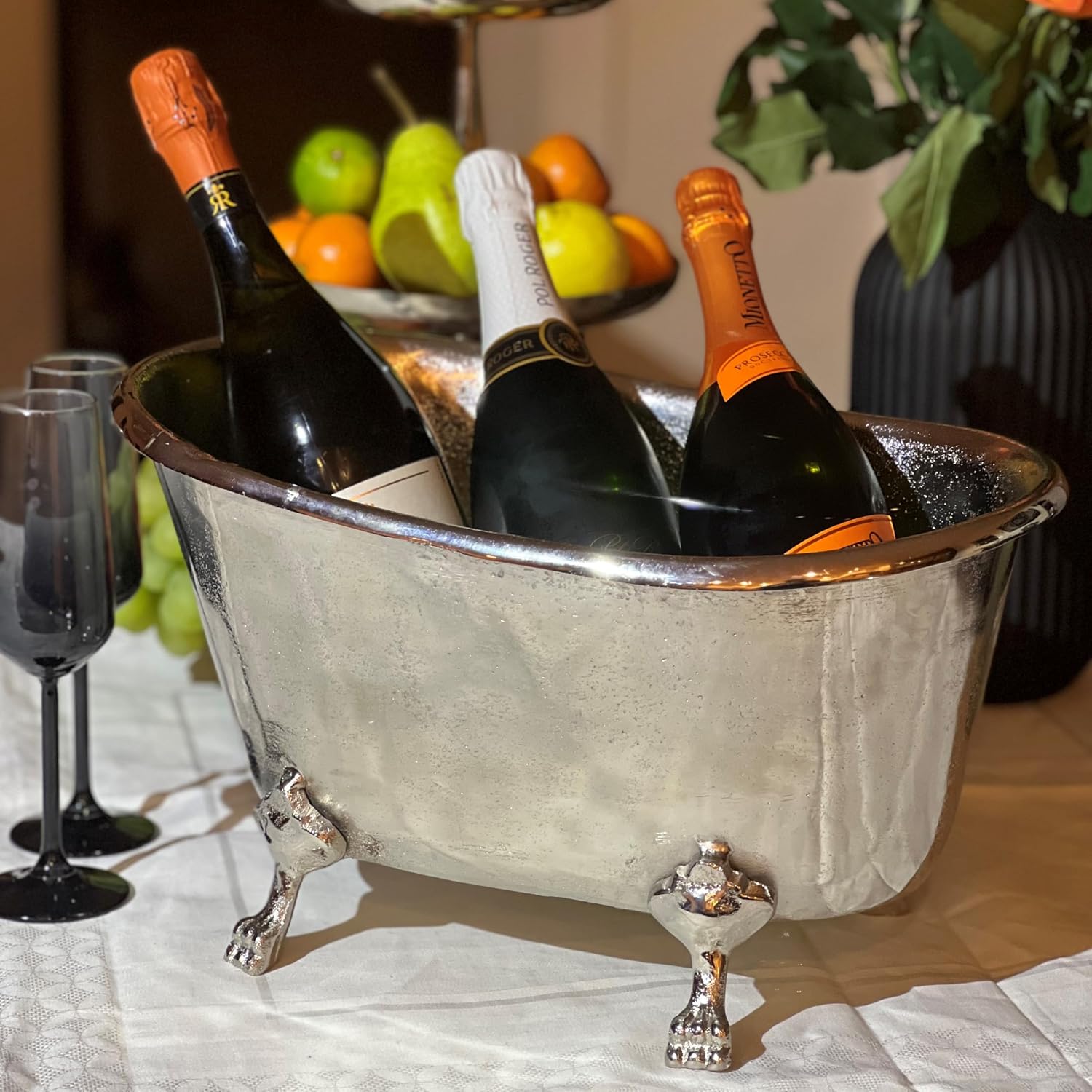 Le Bain Champagne and Wine Ice Bucket, Bathtub Shaped Claw Foot, Multi-Bottle - Large Capacity, Silver Aluminum Nickle, 16.5 Inches Long, Handmade