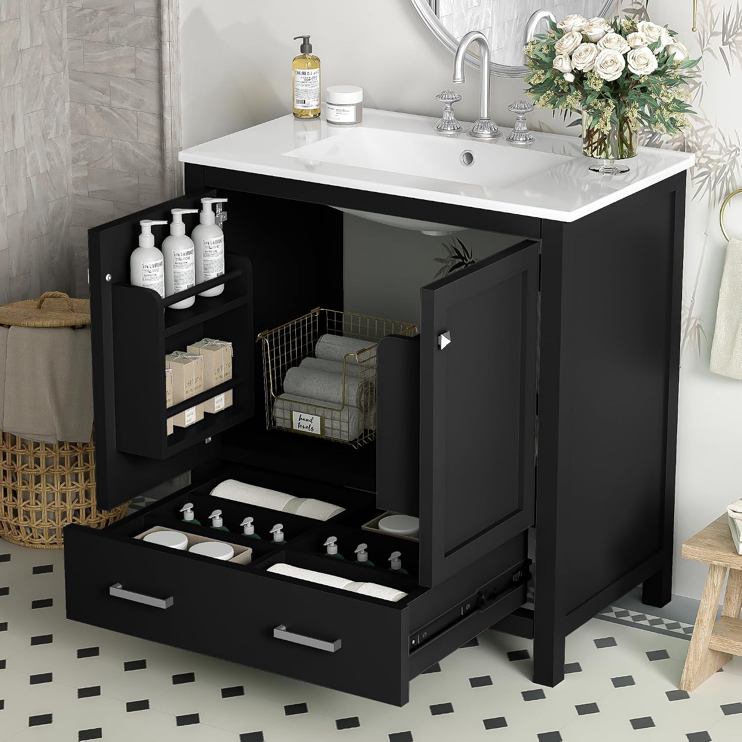 Bellemave 30' Bathroom Vanity with Sink Combo Set, Solid Wood Frame Bathroom Storage Cabinet with a Drawer, 2 Soft Closing Cabinet Doors with Organizer, Black