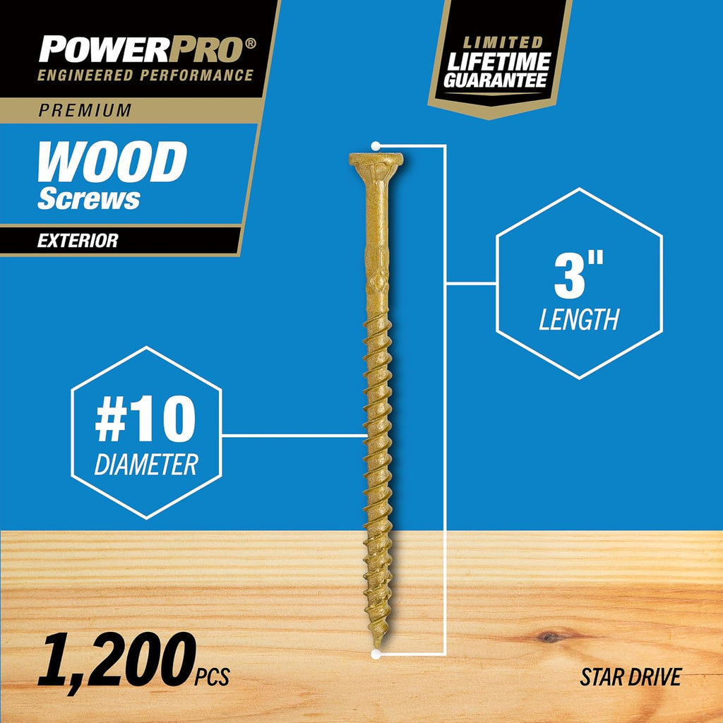 Power Pro Premium Exterior Wood Screws, #10 x 3 Inch All-Purpose Deck Screws for Outdoor Projects, T-25 Star Bit Included, Bronze, 1200 Pieces | 967780V4