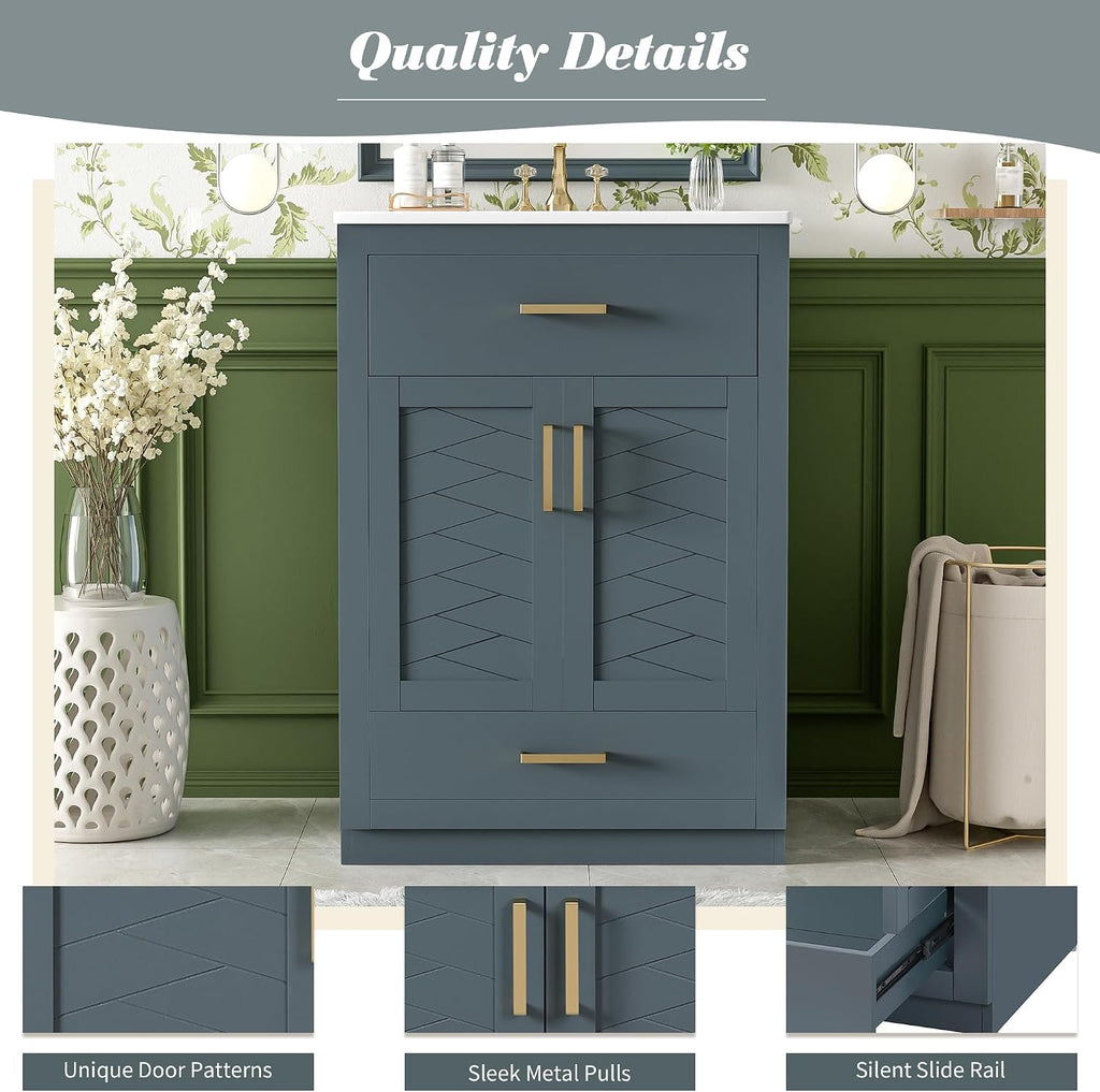 24 Inch Dark Blue Bathroom Vanity with Sink & Integrated Countertop,Freestanding Single Bathroom Vanity with Gold Handles,Tip-Out Tray & Bottom Drawer,Soft Closing Doors,Herringbone Front