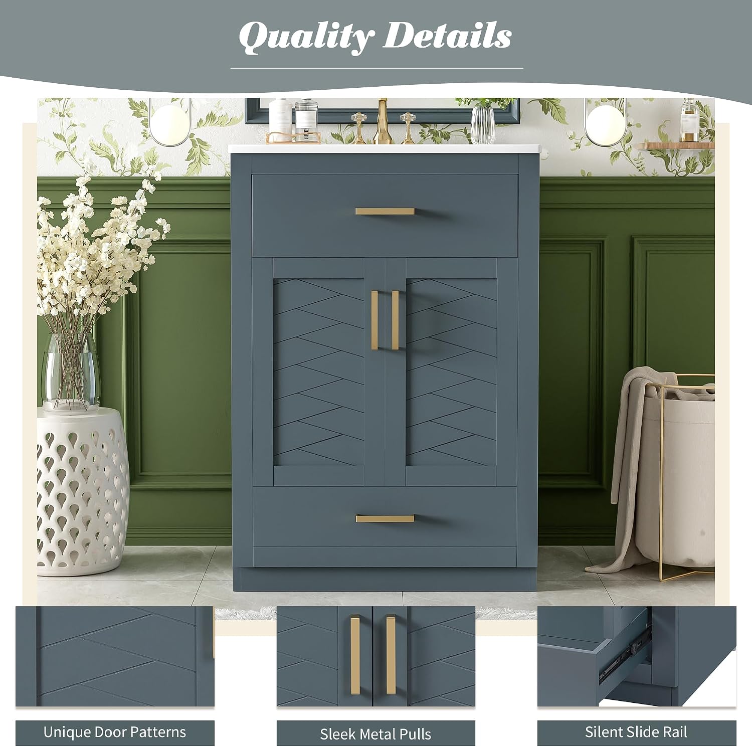 24 Inch Dark Blue Bathroom Vanity with Sink & Integrated Countertop,Freestanding Single Bathroom Vanity with Gold Handles,Tip-Out Tray & Bottom Drawer,Soft Closing Doors,Herringbone Front