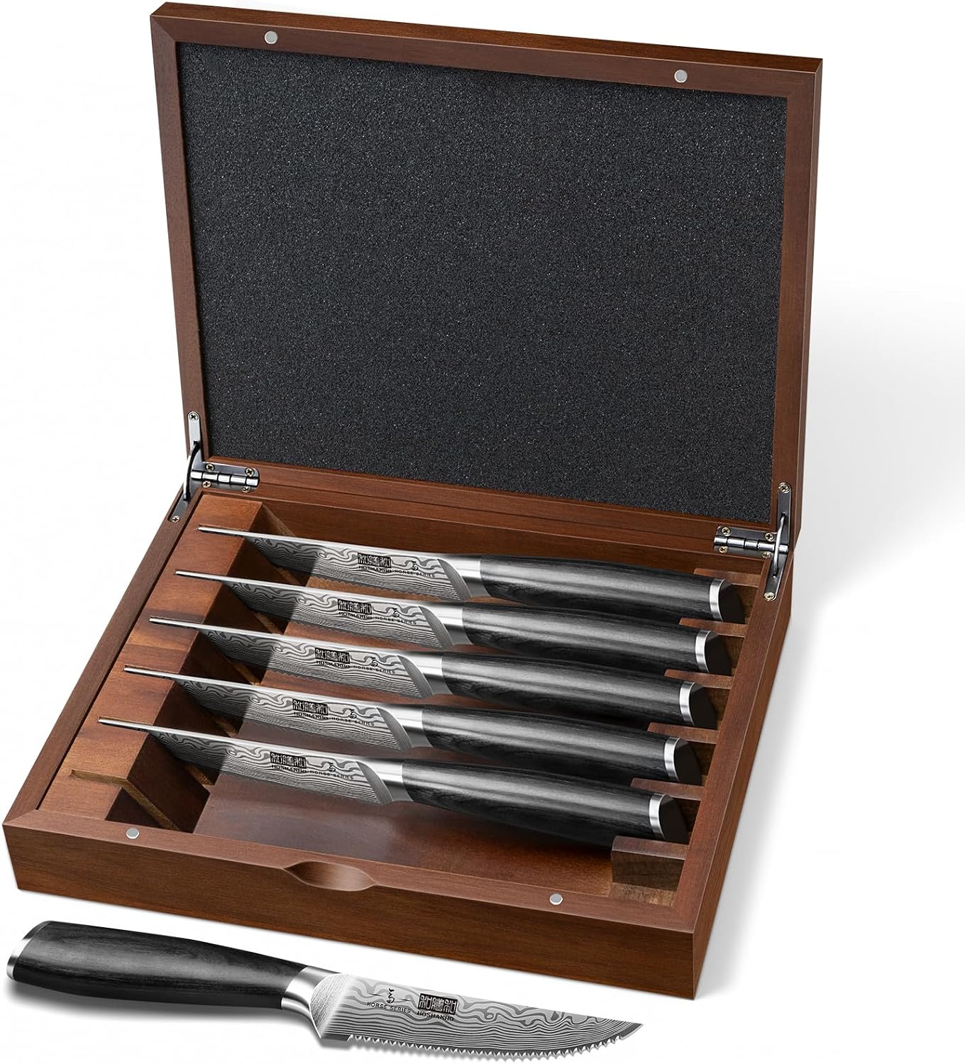 HOSHANHO 7-Piece Serrated Steak Knife Set, 4.5 Inch Japanese High Carbon Steel Steak Knives Set with Block, Razor-Sharp Kitchen Dinner Knives with Ergonomic Pakkawood Handle