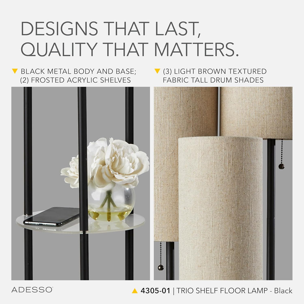 Adesso Trio Floor Lamp with Three Pull Chain Lights and Two-Tier Storage, Black Base, Brown Textured Fabric Shades, 68' Tall, Enhances Room Decor and Lighting
