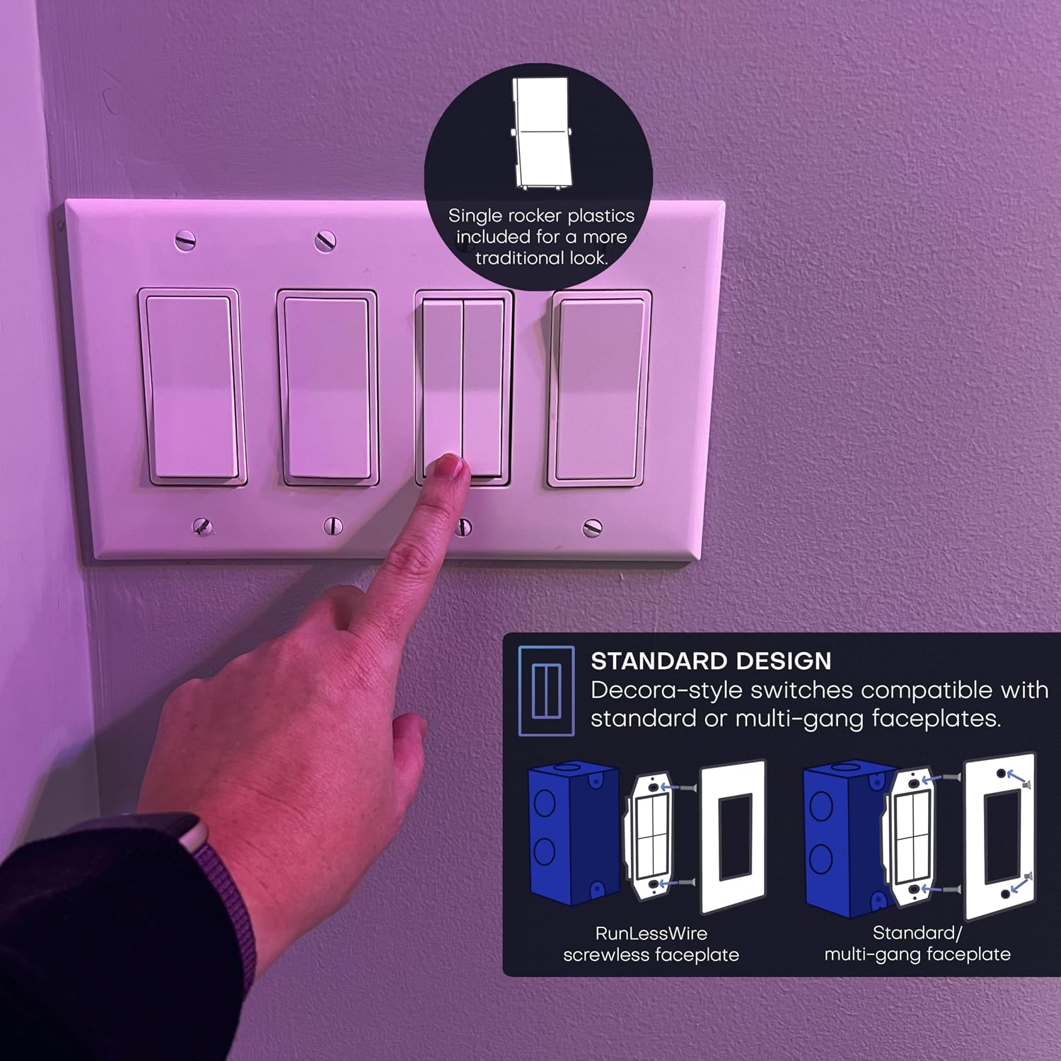 RunLessWire Click for Philips Hue – Battery-Free Wireless Smart Light Switch, 30ft Range – Works Natively with Philips Hue Bridge – Wall Mount Kinetic Switch - Decora Style, White 2 Pack