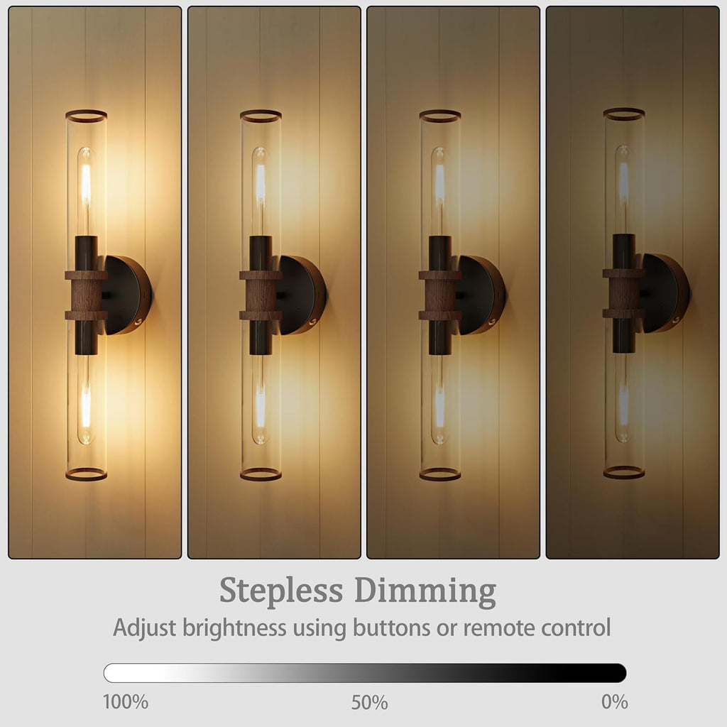 Rayogale Black & Walnut Wireless Battery Operated Wall Sconces with Remote | Glass Rechargeable Wall Lights Set of 2 with Timer Function Dimmable for Living Room Bedroom Emergency 3000K, 20.5 Inch