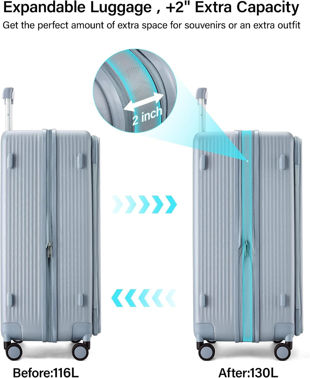 Hanke Large Expandable 28 Inch Luggage with Spinner Wheels Top Opening Travel Luggage Hard Shell Rolling Suitcases Lightweight Checked Luggage with Cup Holder(Grey)