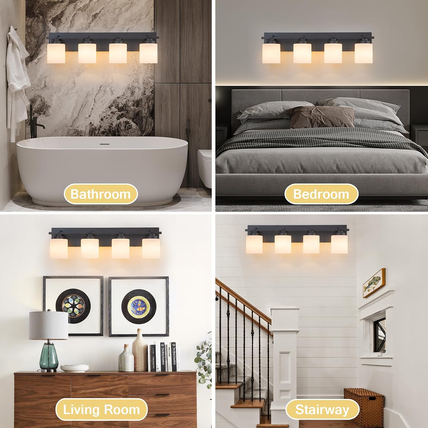 Modern Bathroom Light Fixtures Over Mirror, Vanity Lights for Bathroom Wall Sconces with Milky White Glass Shades, E26 Socket (Bulbs Not Included), 4 Light, Black