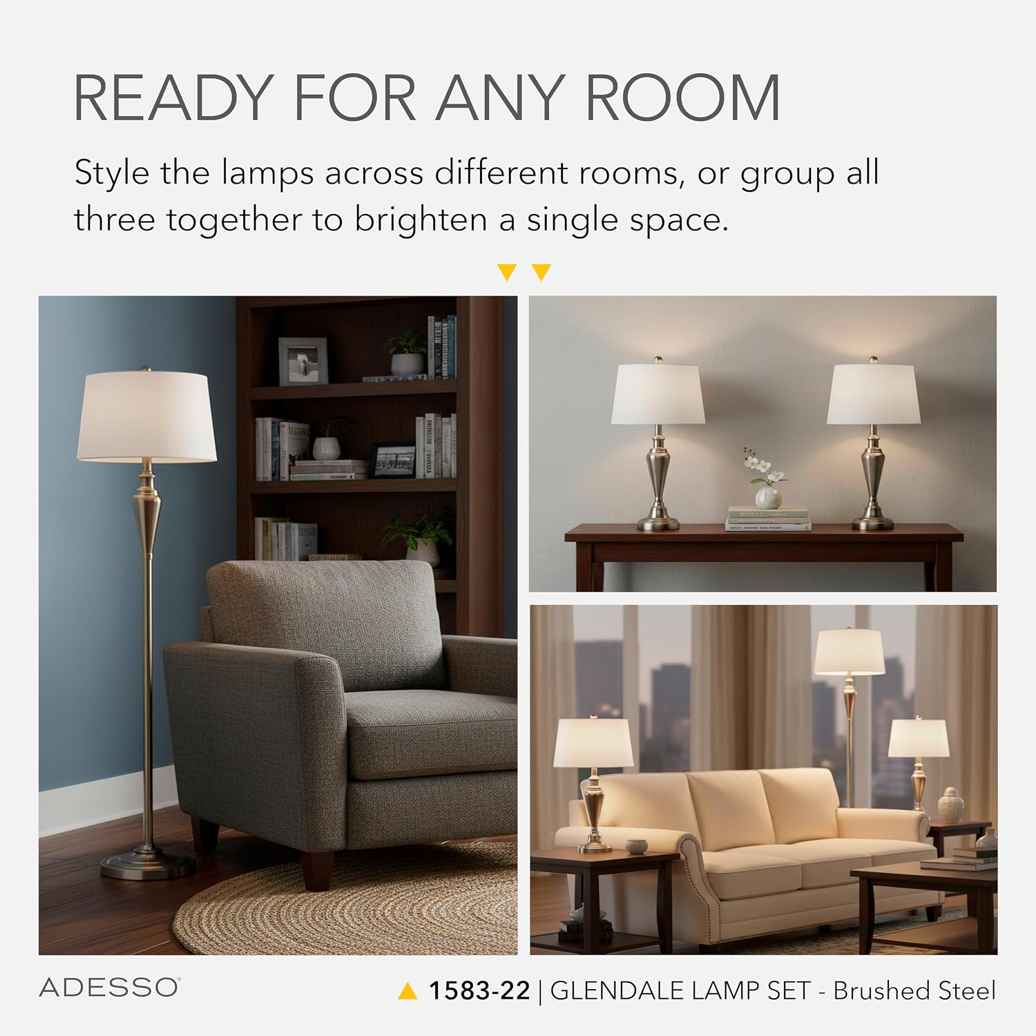 Adesso 3-Piece Lamp Set: Two Table Lamps & One Floor Lamp – Antique Brass with White Shade, Stylish and Cohesive Accent Lighting for Bedroom, Living Room, or Home Office