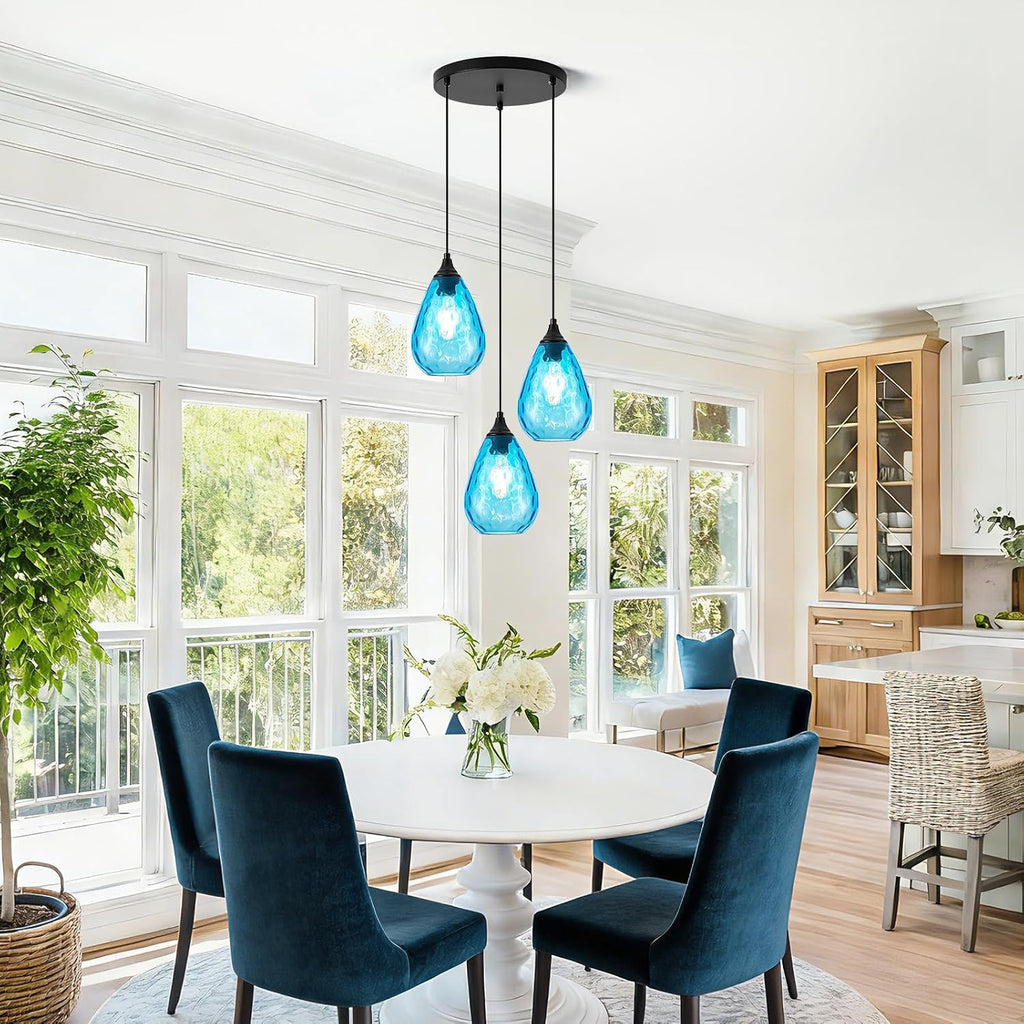 Blue 3-Light Pendant Lighting, Modern Dining Room Light Fixture Over Table with Hammered Glass, Cluster Hanging Lights for Kitchen Island Dining Room