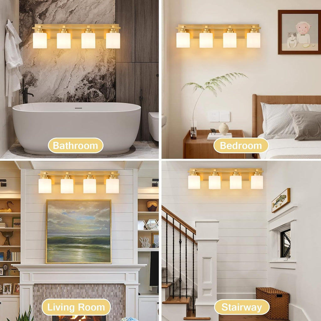 Modern Bathroom Light Fixtures Over Mirror, Vanity Lights for Bathroom Wall Sconces with Milky White Glass Shades, E26 Socket (Bulbs Not Included), 4 Light, Brass