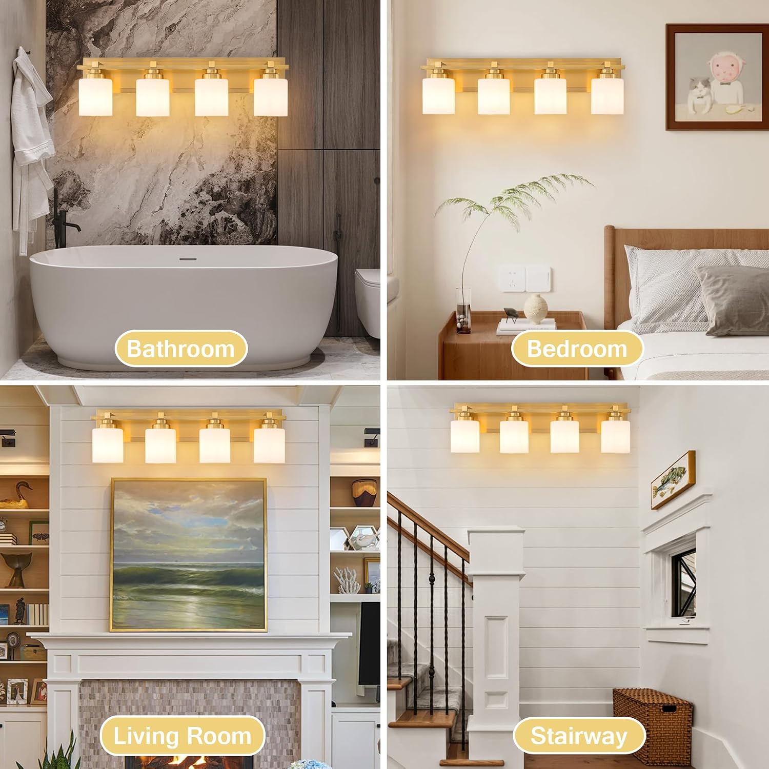 Modern Bathroom Light Fixtures Over Mirror, Vanity Lights for Bathroom Wall Sconces with Milky White Glass Shades, E26 Socket (Bulbs Not Included), 4 Light, Brass