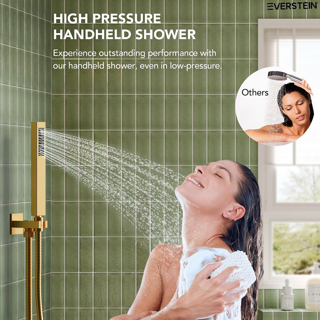 Shower Tub Faucet Set, 10' Bathroom Rainfall Shower Head Fixtures Combo with Handheld Spray and Tub Spout, Brushed Gold (Valve Included)