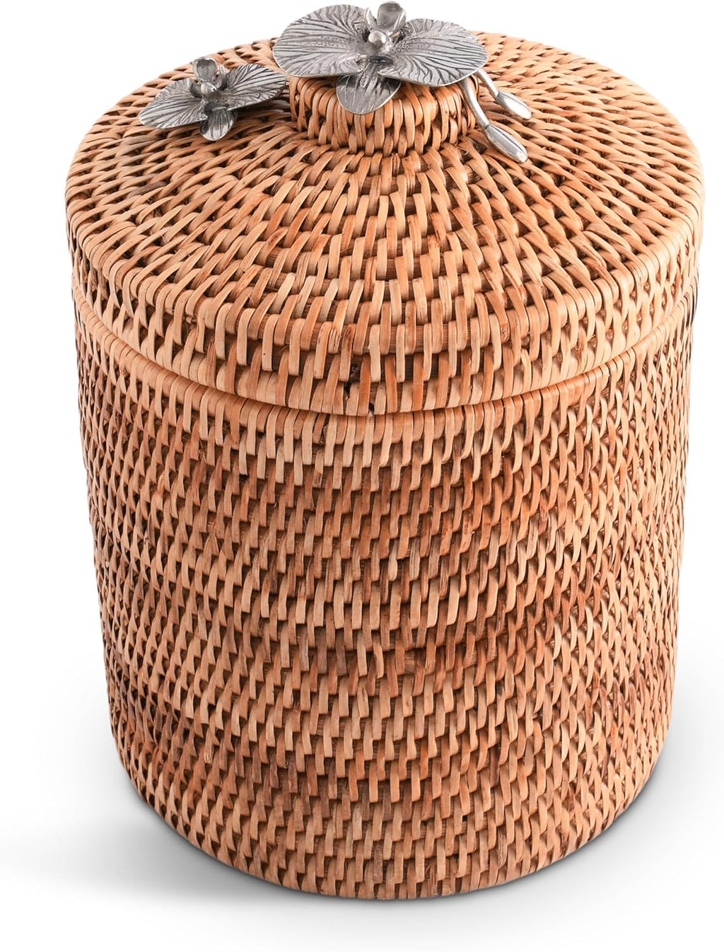 Vagabond House Wicker Ice Bucket with Pewter Orchid Knob, Stainless Steel Lining, Hand Woven Rattan, 8 Inches Tall - Perfect Beach Essentials, Beach House - Champagne Holder Basket Woven Decor