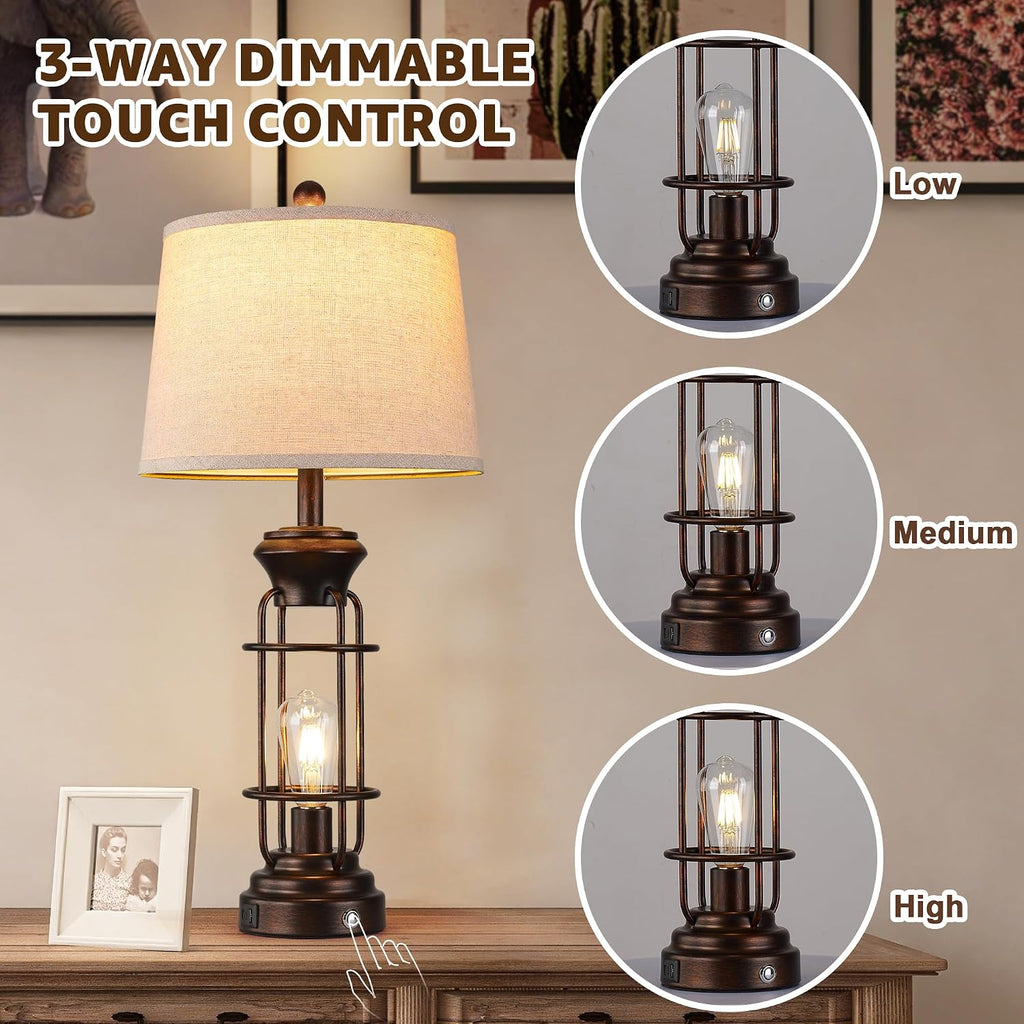 Table Lamps for Living Room Set of 2, 28.5' Farmhouse Lamps for Nightstand with USB C+A Ports, Touch Lamps for Bedroom, LED Bulbs Included