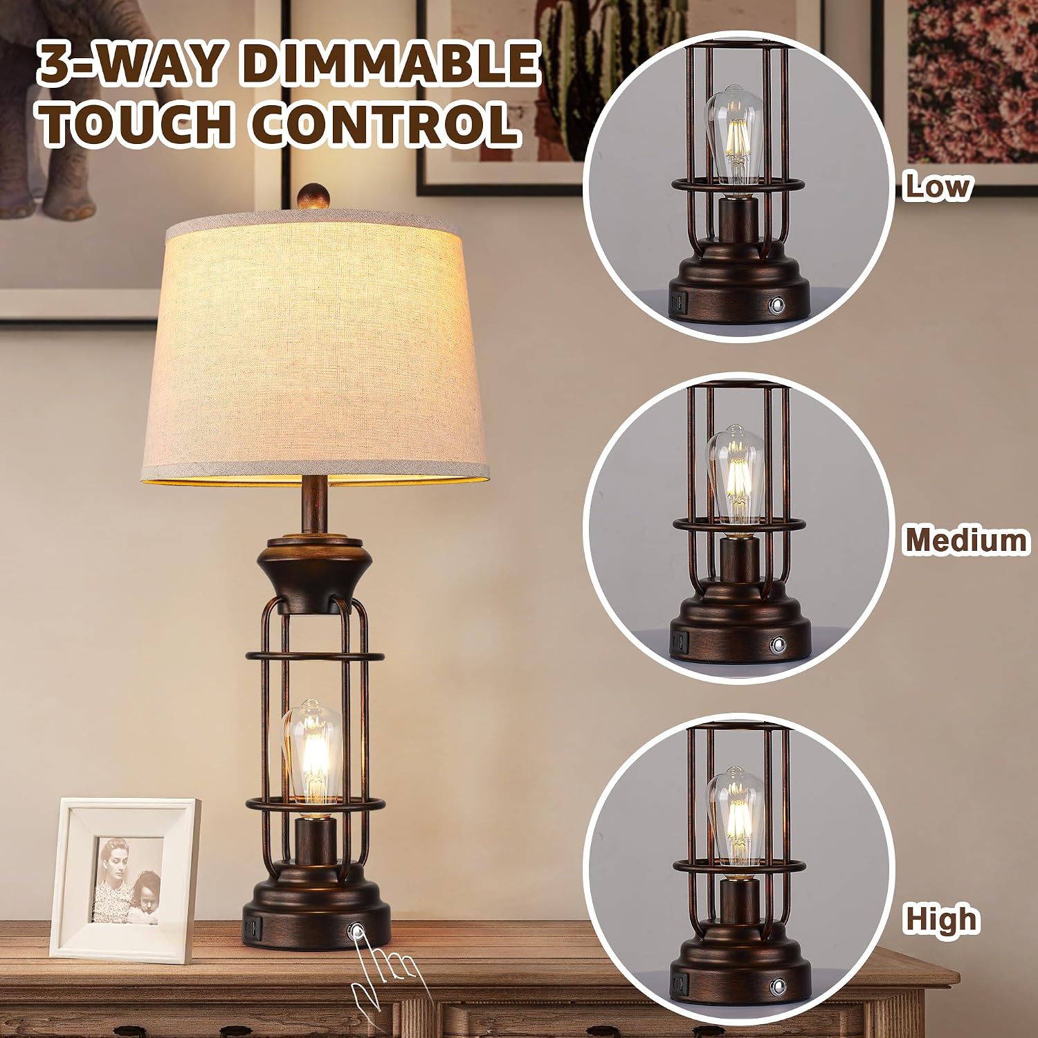 Table Lamps for Living Room Set of 2, 28.5' Farmhouse Lamps for Nightstand with USB C+A Ports, Touch Lamps for Bedroom, LED Bulbs Included